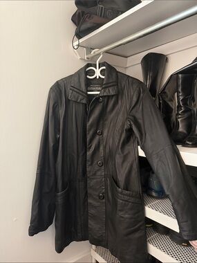 Women’s Black Leather Button-Front Jacket